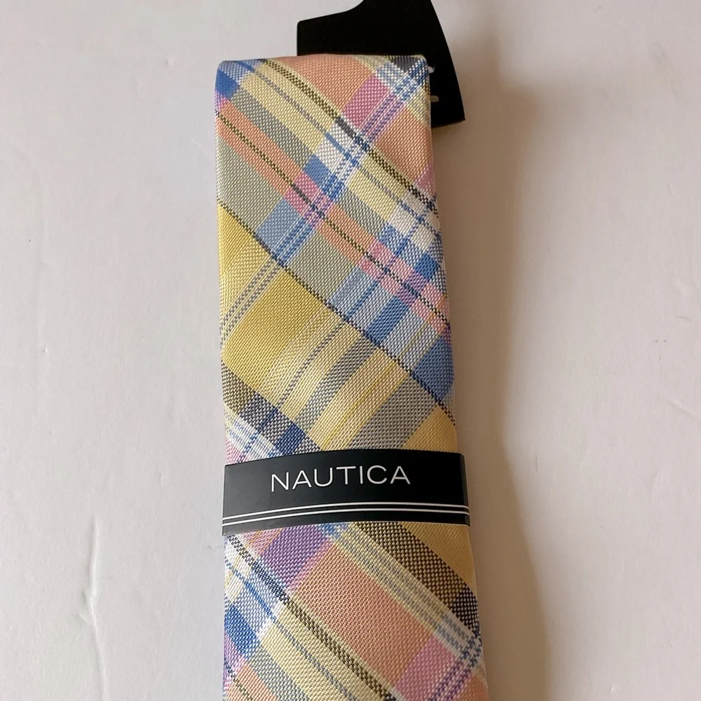 NAUTICA MENS PLAID TIE YELLOW PINK BLUE NWT - Picture 5 of 9